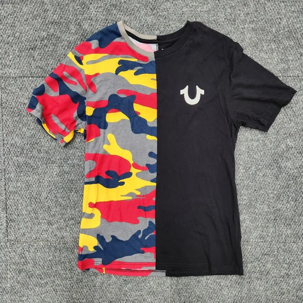 Vintage 2003 True Religion T-Shirt sz Small Tee Half Is Colorful Camo & Black